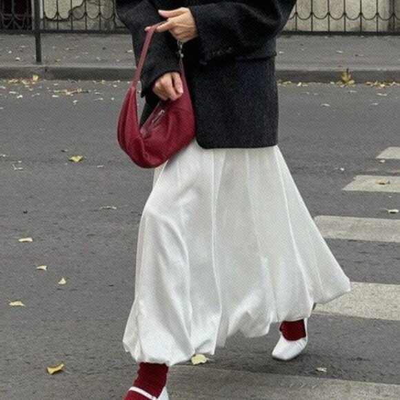 Beige Casual Women's Satin Pleated Bubble Long Skirt - Picture 12 of 13